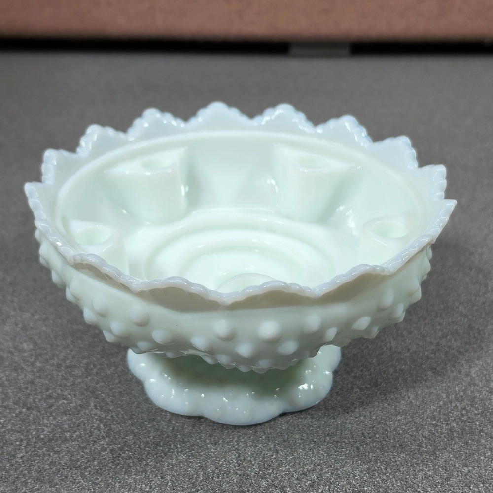 Fenton Hobnail Candle Bowl White Milk Glass Scalloped Rim Vintage Centerpiece